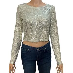 Z Supply Sequin Cropped Top Medium Long Sleeve Crew Neck Sparkly Holiday Silver